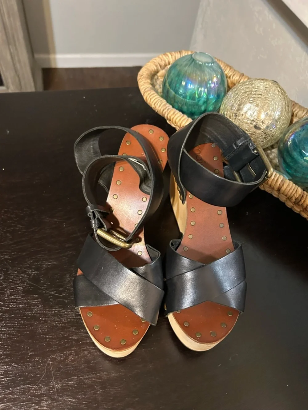 Maje Wooden Wedged Black Leather Ankle Wrap Sandals Size 38